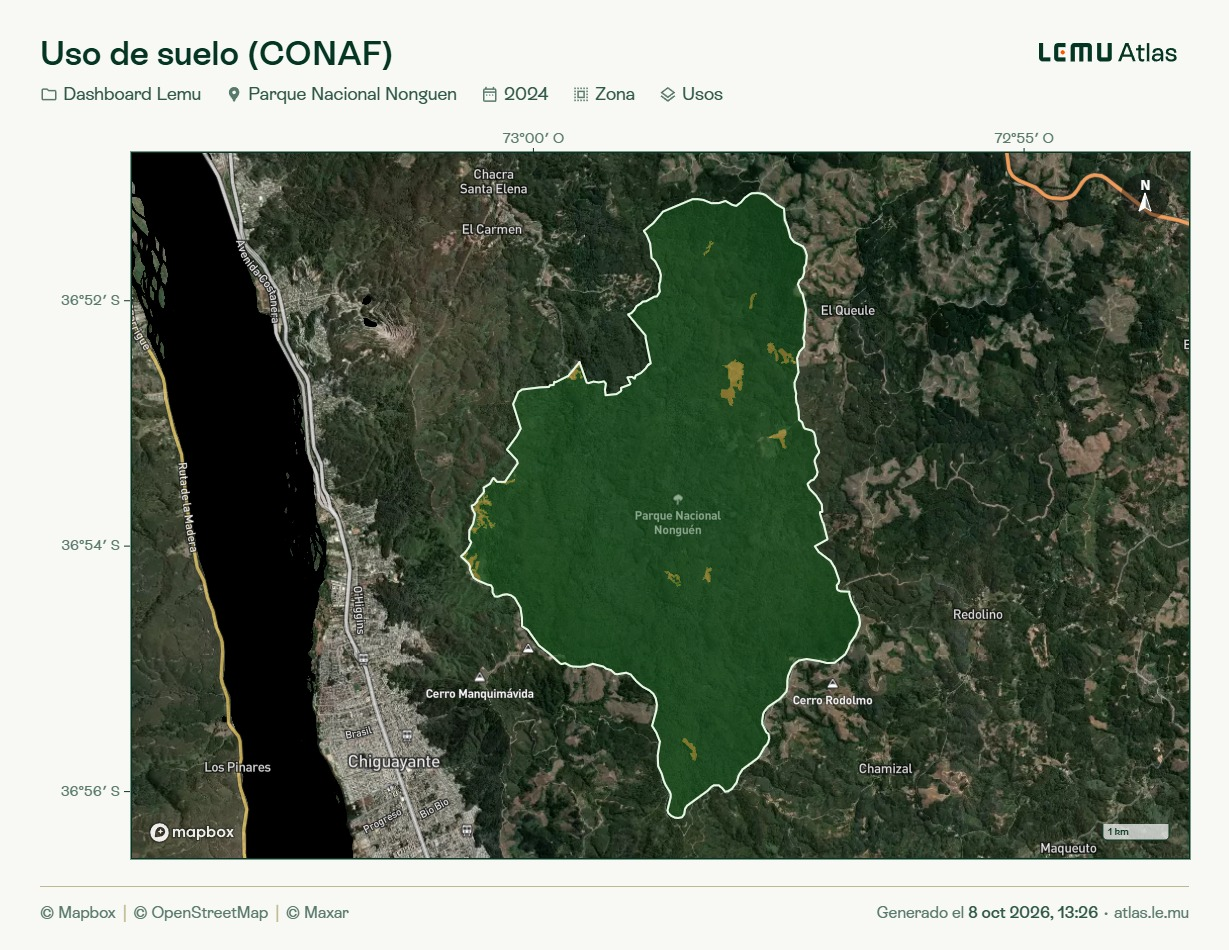 Imagen 2D exportada desde Atlas: Uso de suelo (CONAF) en el Parque Nacional Nonguén, 2024, con coordenadas, norte, escala, créditos cartográficos y fecha de generación.